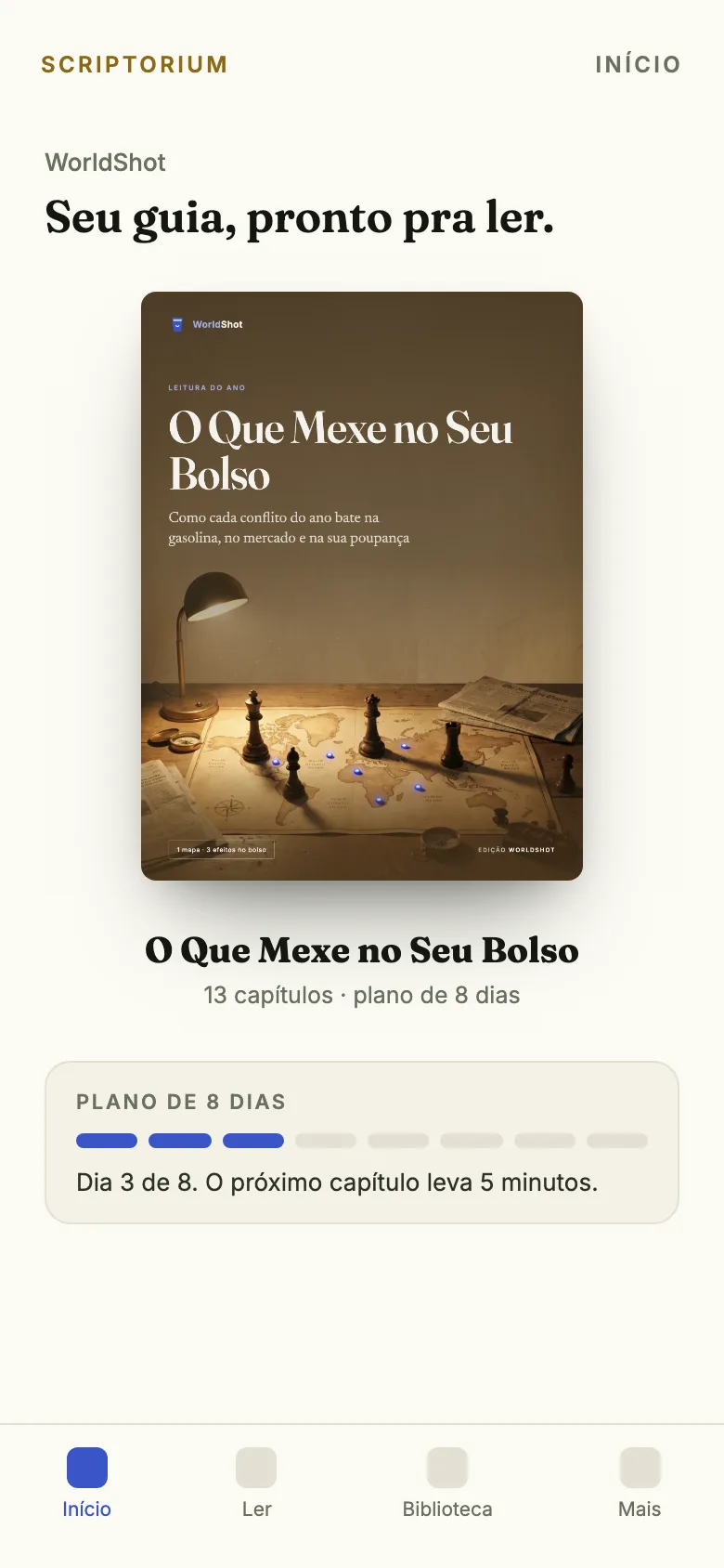 Capa do app: o ebook O Que Mexe no Seu Bolso aberto na tela Início, com o plano de 8 dias